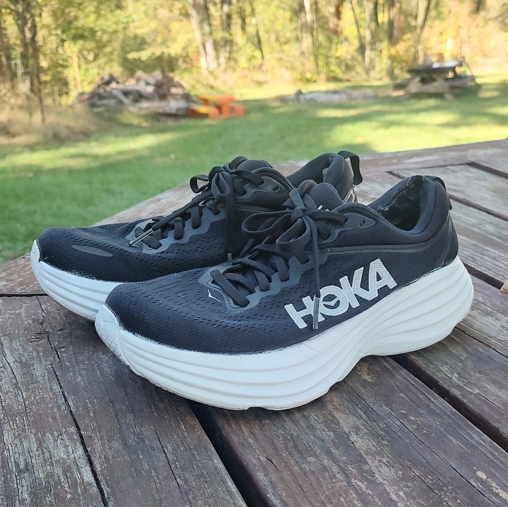 HOKA Bondi 8 Black and White Running Shoes Size 7.5B